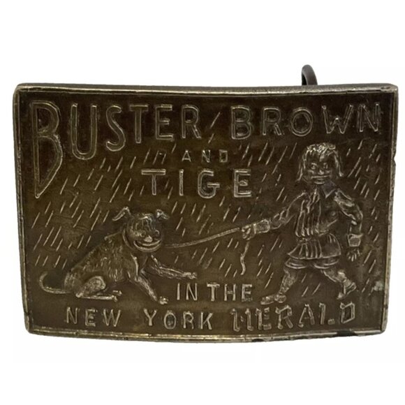 Buster Brown and Tige in the New York Herald Bronze Belt Buckle Vintage Brass - Picture 1 of 8